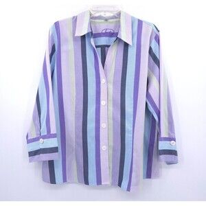 Foxcroft striped button up 100% cotton top womens Plus Size 18 purple non-iron